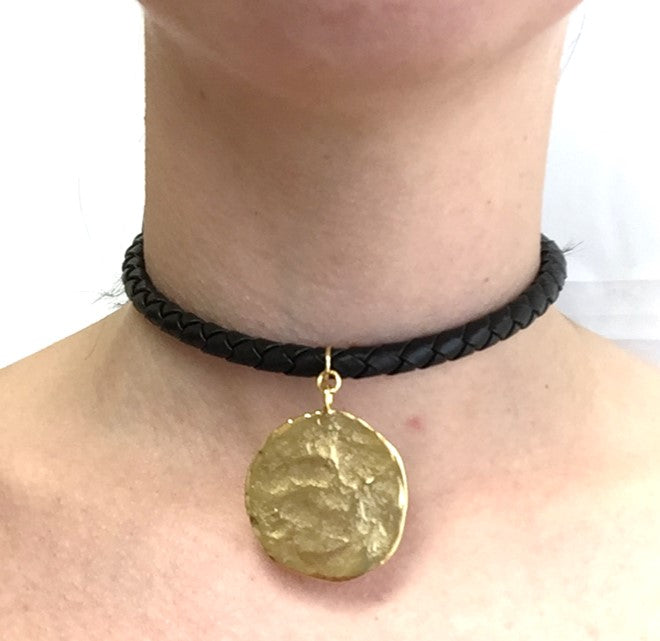 Black Leather Choker with Satin Gold Coin Drop