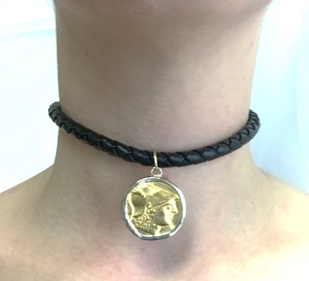 Black Leather Choker with Silver Frame-Satin Gold Coin Pendant