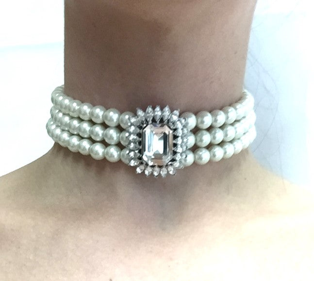 3 Row Pearl Necklace with Crystal Center