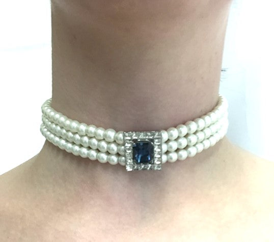 3 Row 6mm Pearl Choker With Sapphire Motif