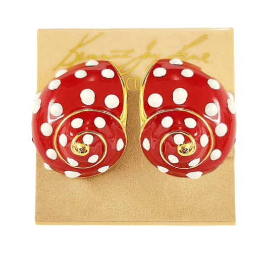 Gold with Red & White Polka Dots Enamel Snail Clip Earring