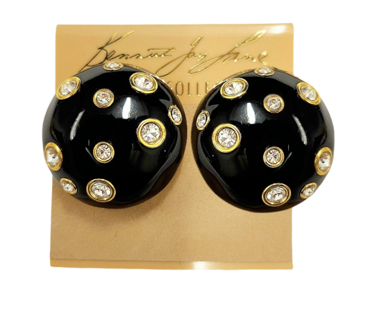 30mm Black Domed with Crystal Gold Clip Earring