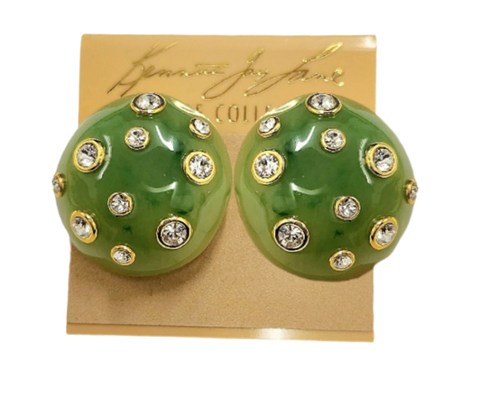 30mm Jade Domed with Crystal Gold Clip Earring