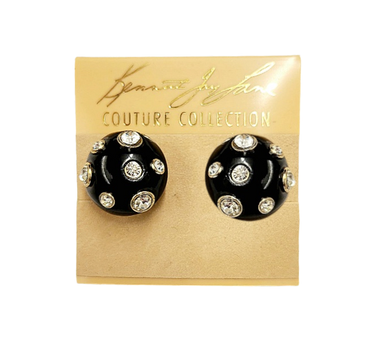 19mm Black Domed with Crystal Gold Clip Earring