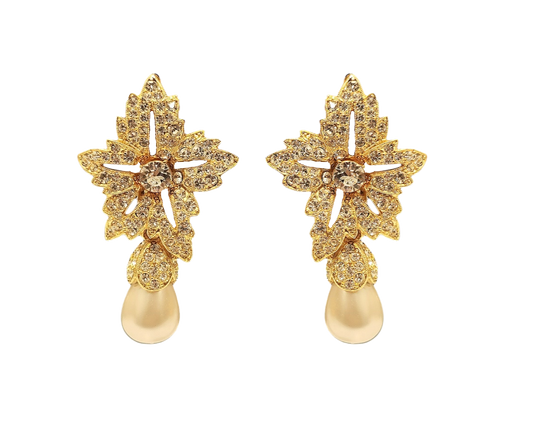 Gold Crystal Flower Top Pearl Teardrop Clip Earring
