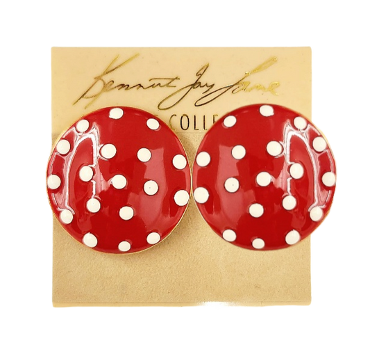 Gold with Red & White Dots Enamel Button Clip Earring