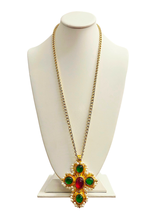 Emerald with Ruby Pearl Cross Necklace