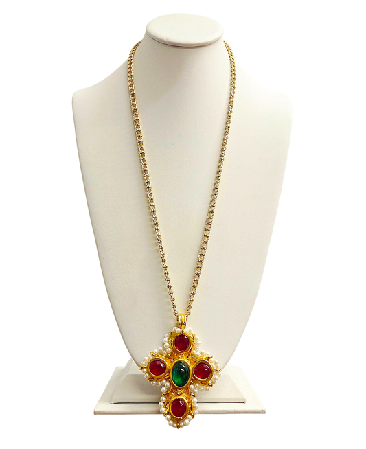 Ruby with Emerald Pearl Cross Necklace