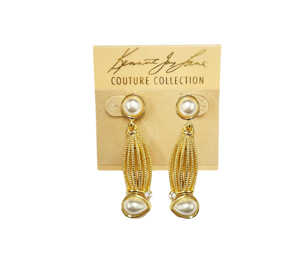 2" Pearl with Gold Rhinestone Pearl Teardrop Pierced Earring