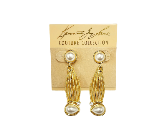 2" Pearl with Gold Rhinestone Pearl Teardrop Pierced Earring