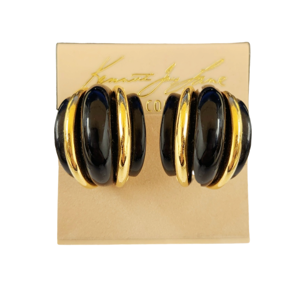 Double Gold Black Domed Clip Earring