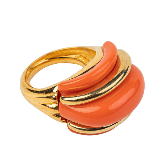 Light Coral and Gold Ribs Dome Ring