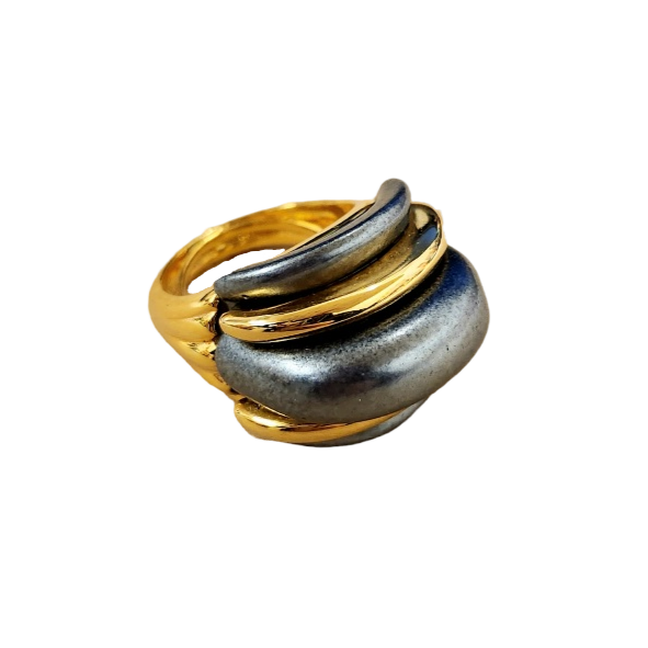 Gold and Dark Grey Ribbed Dome Ring