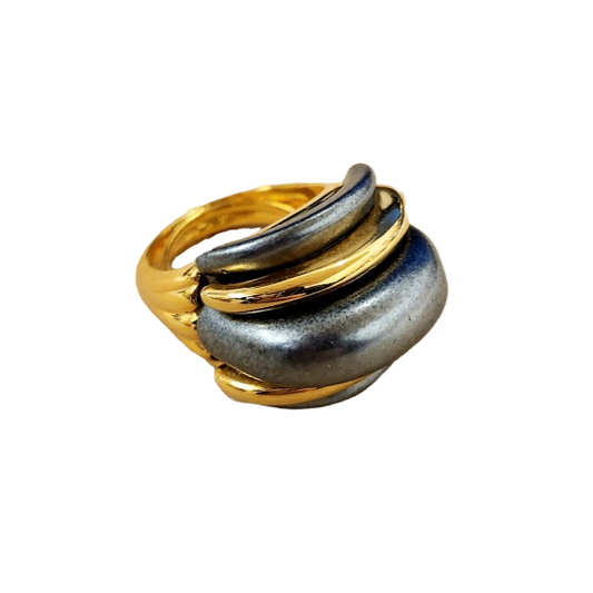 Gold and Dark Grey Ribbed Dome Ring