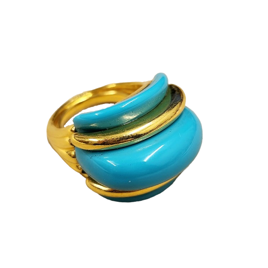 Turquoise and Gold Ribs Dome Adjustable Ring