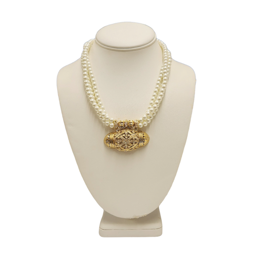18" 3 Row 6mm Pearl with Light Antique Gold Pendant Necklace