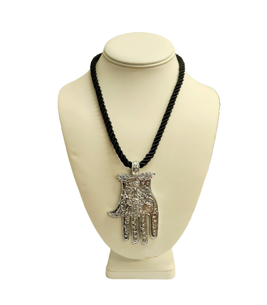 18" Black Rope with Silver Hand Pendant Necklace