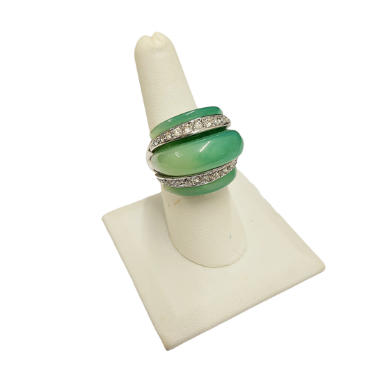 Jade Dome Ring with Silver and Crystal Bands