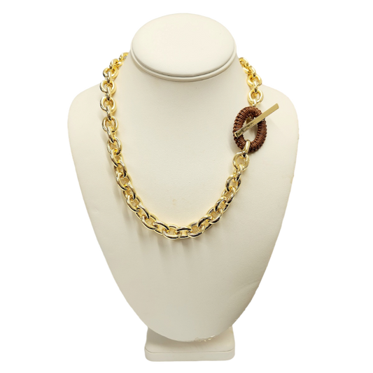 Gold with Brown Leather Chain Necklace