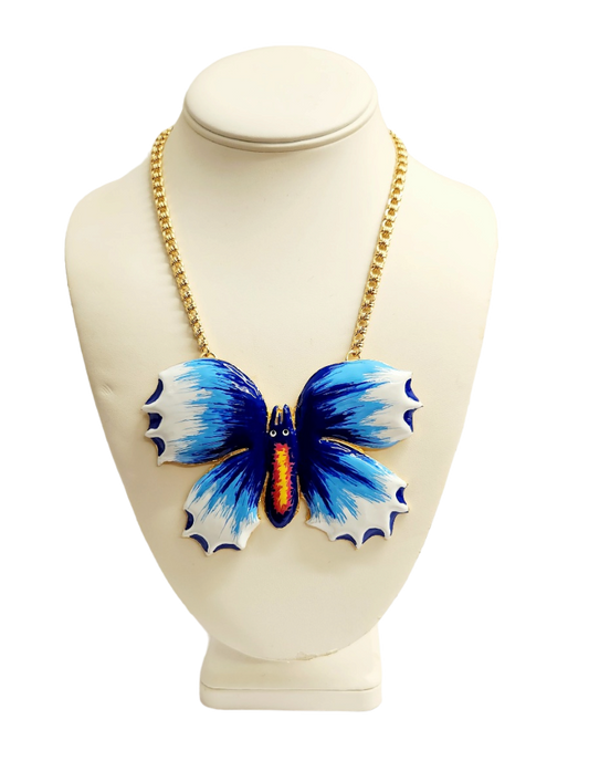Gold Chain with Blue/ White/ Orange Enamel Butterfly Necklace