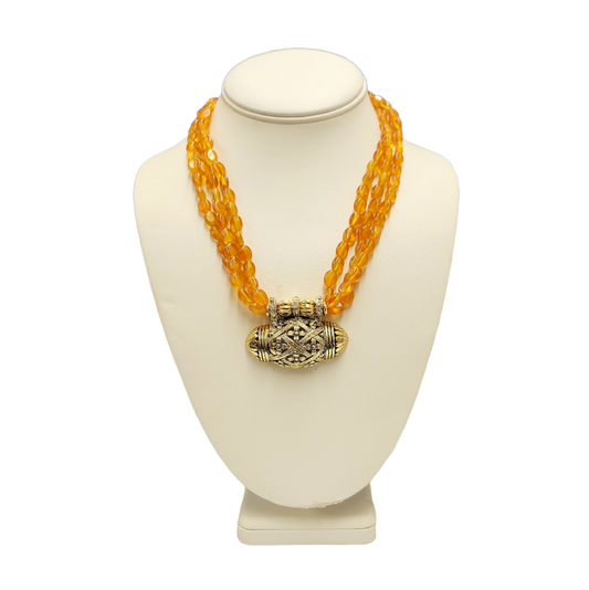 18" 3 Row Topaz Beads with Light Antique Gold Pendant