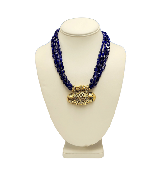 18" 3 Row Sapphire Beads with Light Antique Gold Pendant Necklace