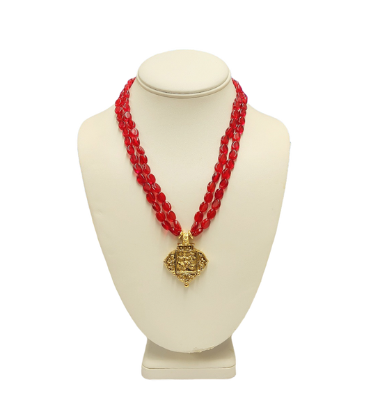 18" 2 Row Ruby Beads with Light Antique Gold Pendant Necklace