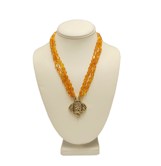 18" 2 Row Topaz Beads with Light Antique Gold Pendant Necklace