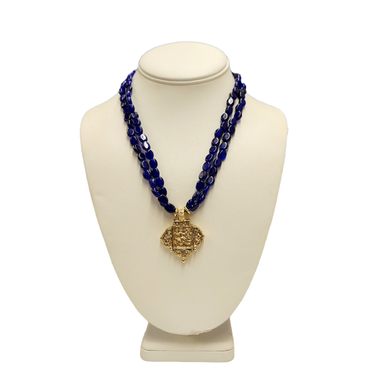 18" 2 Row Sapphire Beads with Light Antique Gold Pendant Necklace