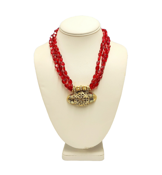 18" 3 Row Ruby Beads with Light Antique Gold Pendant Necklace