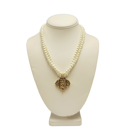 18" 2 Row 6mm Pearl with Antique Gold Pendant Necklace