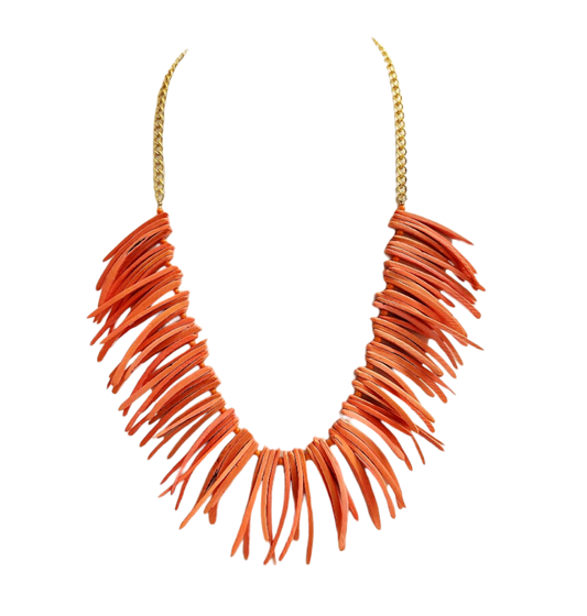 30" gold chain with bright coral stick necklace