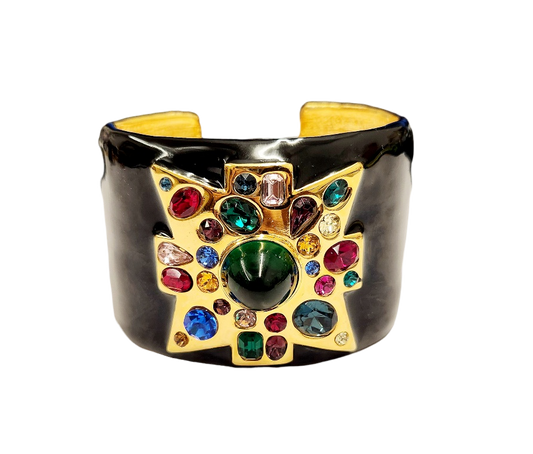 Black Maltese Cross with Multi Dark Gems & Emerald Center Hinged Cuff