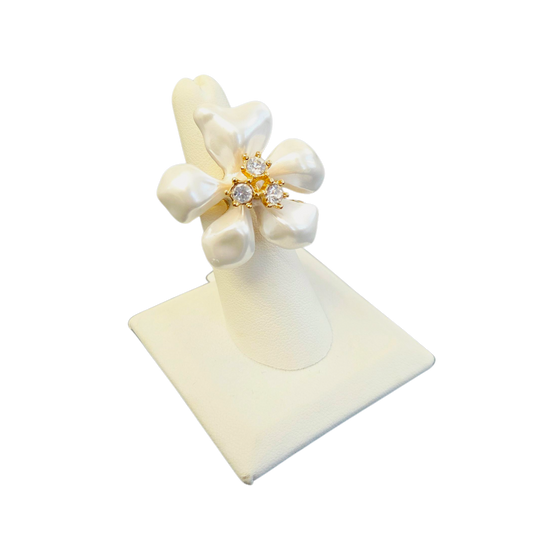 Gold Pearl and Crystal Center Flower Ring