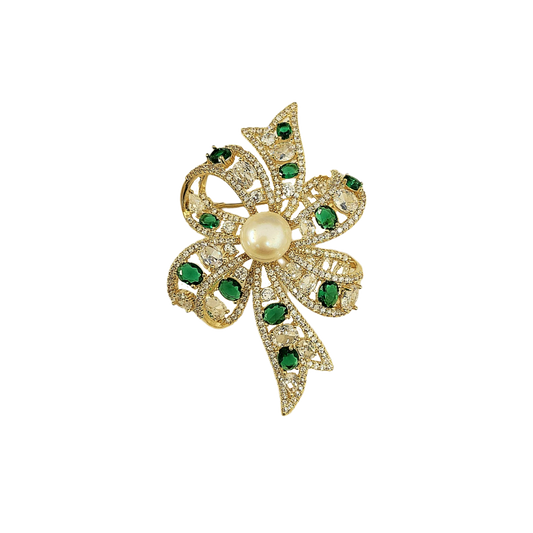 2 1/2" x 1 1/4" Gold with Crystal/ Emerald & Pearl Center Bow Pin