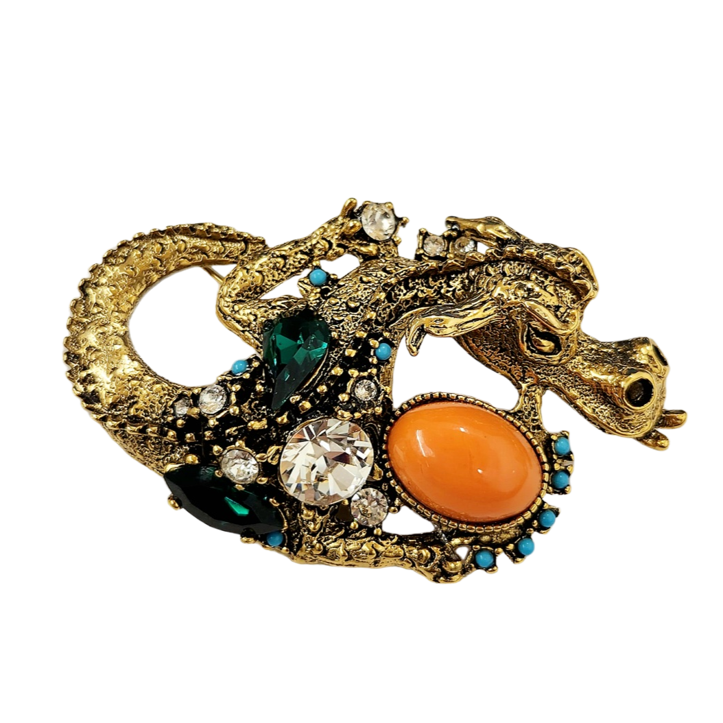 Emerald with Coral Dragon Pin