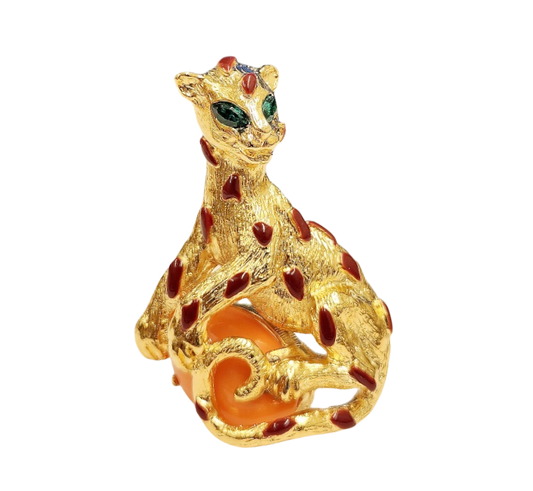 Coral Cabochon Panther Pin