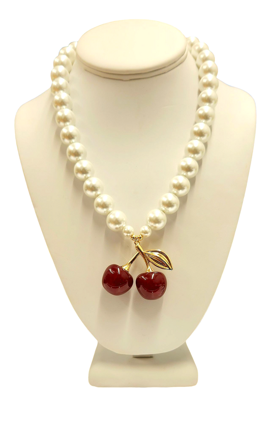 Pearl with Red Cherries Pendant Necklace