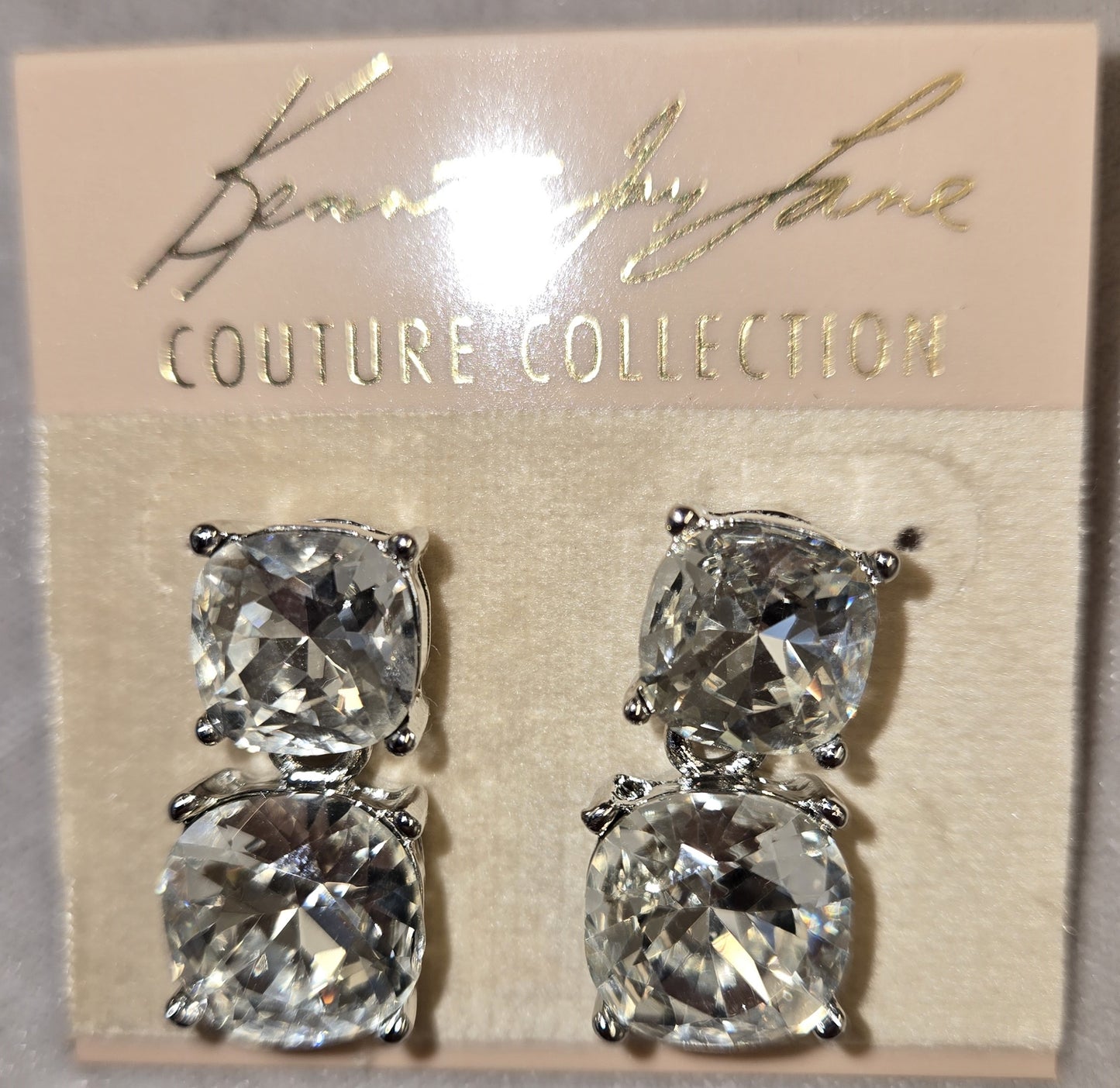 Silver Crystal Top Bottom Square Earring Pierced
