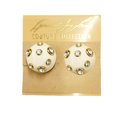 19mm White Domed with Crystal Gold Clip Earring