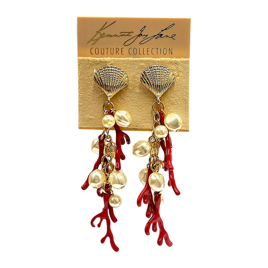 Pearl & Red Branches Earring