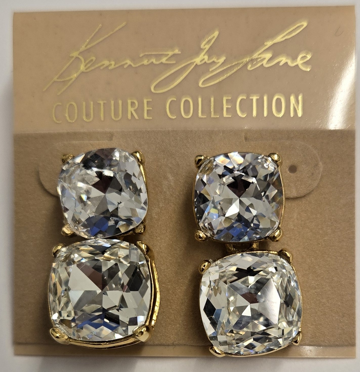 Gold Crystal Square Top Bottom Earring Pierced