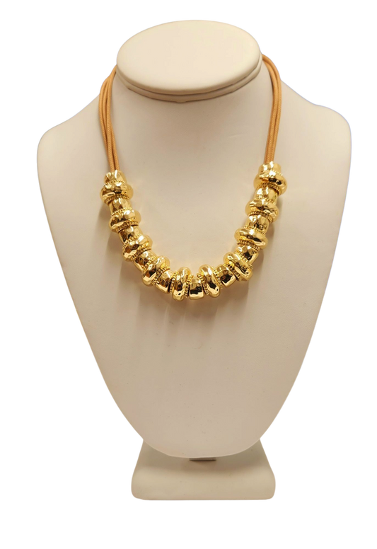 Gold Barrel with Brown Cord Necklace
