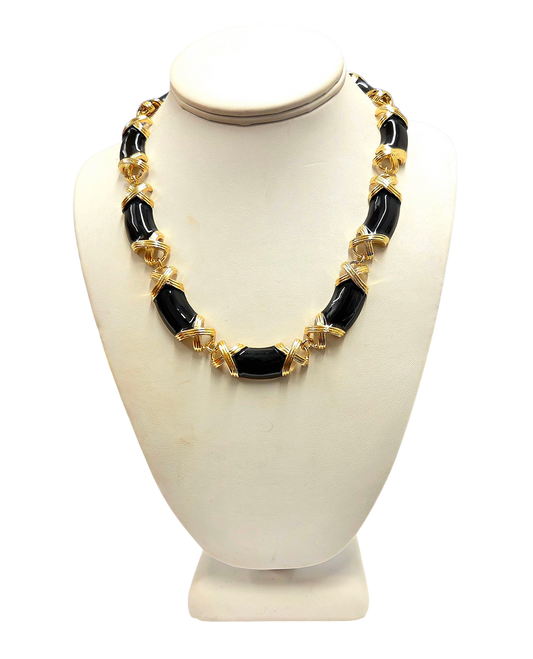 Gold Black Enamel Necklace