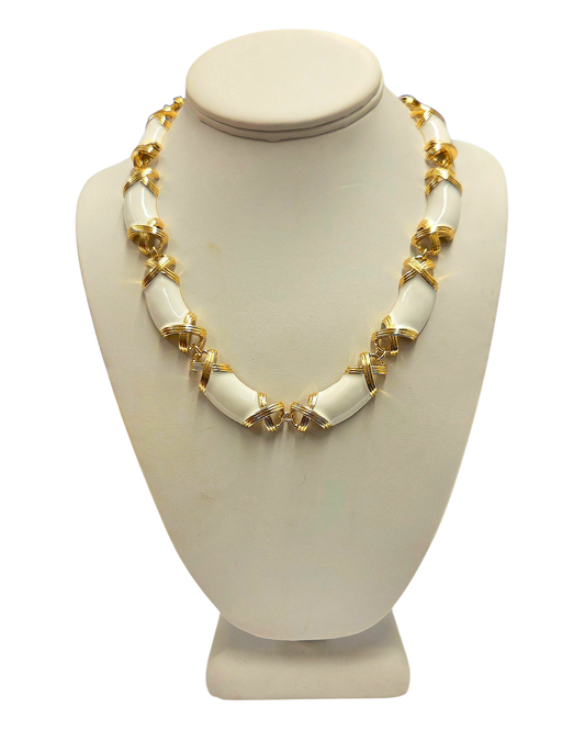 Gold White Enamel Necklace