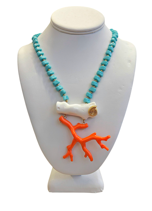Turquoise with White & Light Coral Pendant Necklace