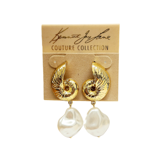 Gold Seashell Baroque Pearl Pierced Earring