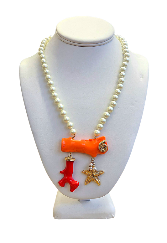 Pearl with Light Coral & Medium Coral Pendant Necklace