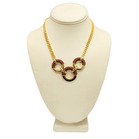 3 Ring Brown Leather Gold Necklace