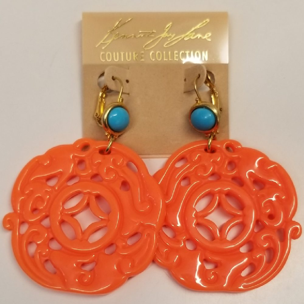 Turquoise Top and Light Coral Carved Drop Wire Earring